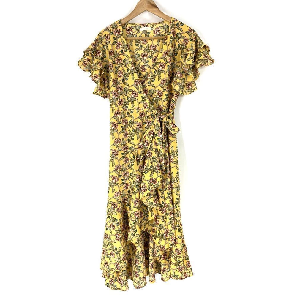 Max Studio Dress Size XS Yellow Floral Midi Ruffle Flutter Sleeve Wrap V Neck
